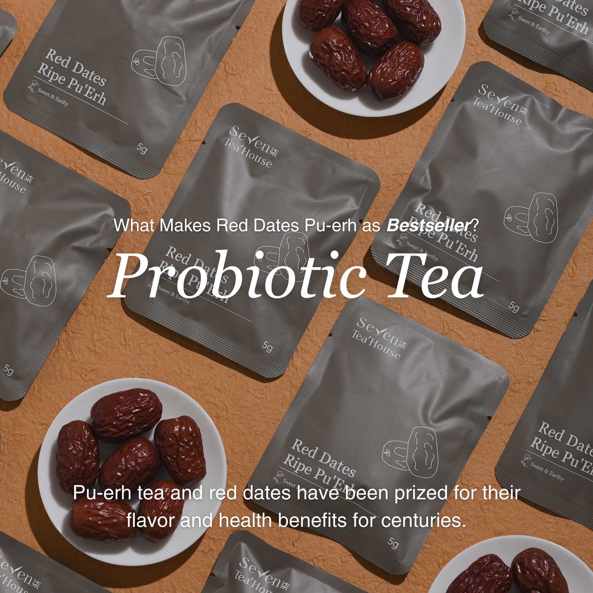 Seventea Red Dates Ripe Puèr tea packages with text on a wooden surface.