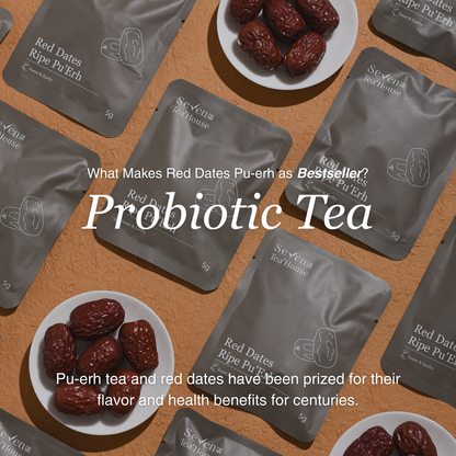 Seventea Red Dates Ripe Puèr tea packages with text on a wooden surface.